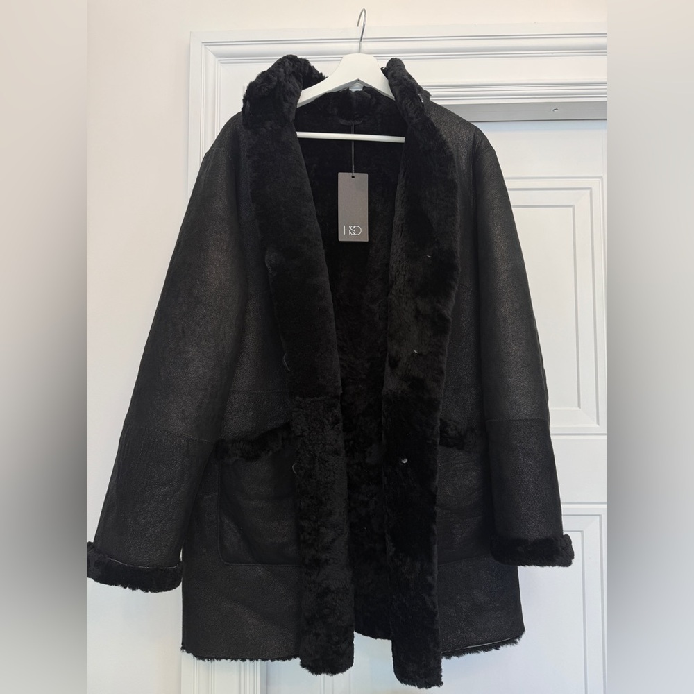 NWT HISO CANADA SHEARLING COAT BLACK SUEDE 12/L $2200